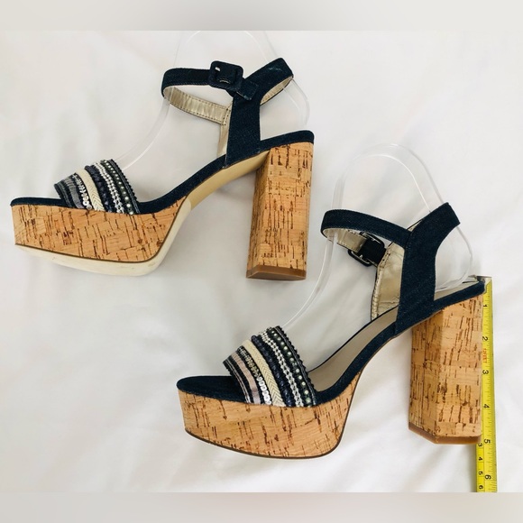 NWOB Nine West denim cork chunky heel platform with sequins and beaded accents. - Picture 3 of 14